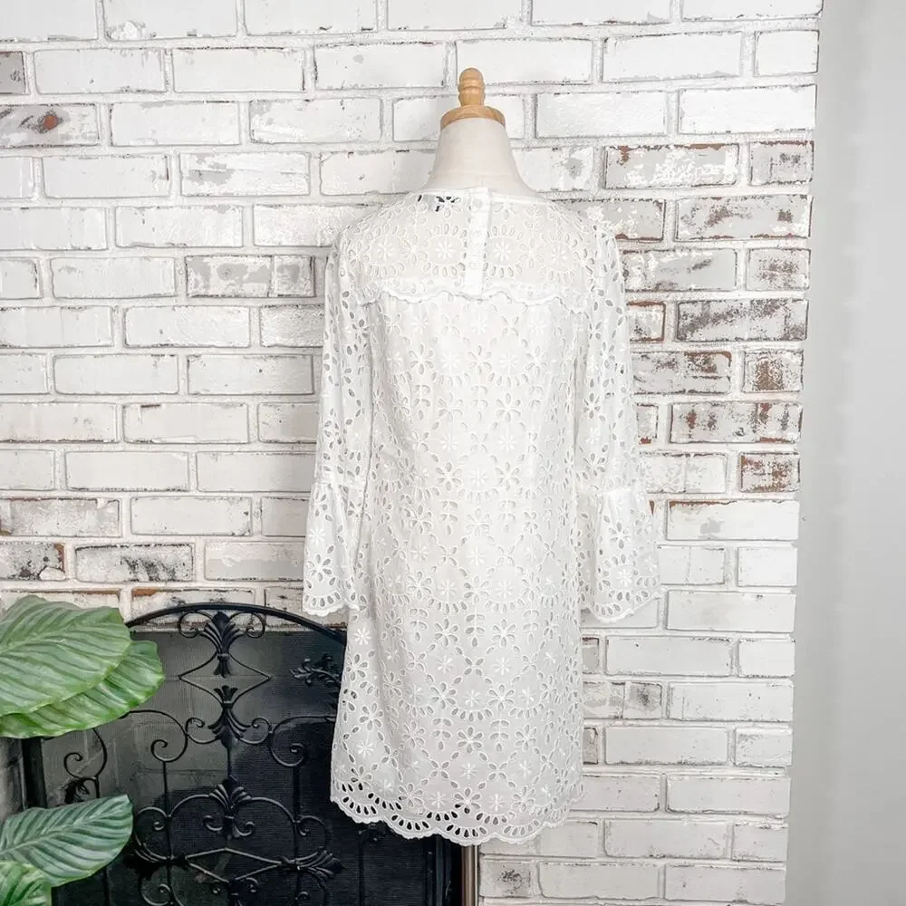 J. Crew White Embroidered Eyelet Lace Bell Sleeves Shift Mini Midi Dress 2